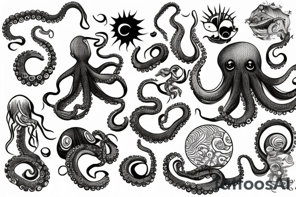 happy sunrise with octopus rising out of an ocean tattoo idea