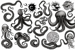happy sunrise with octopus rising out of an ocean tattoo idea