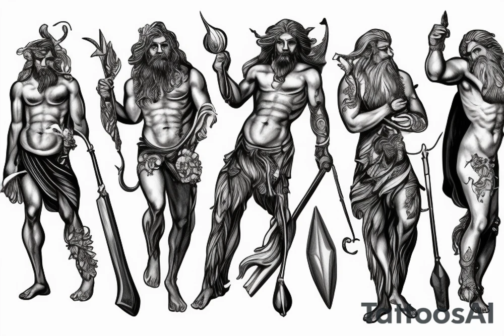 Zeus, Poseidon and Hades all in their elements holding weapons. tattoo idea