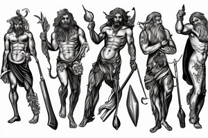 Zeus, Poseidon and Hades all in their elements holding weapons. tattoo idea