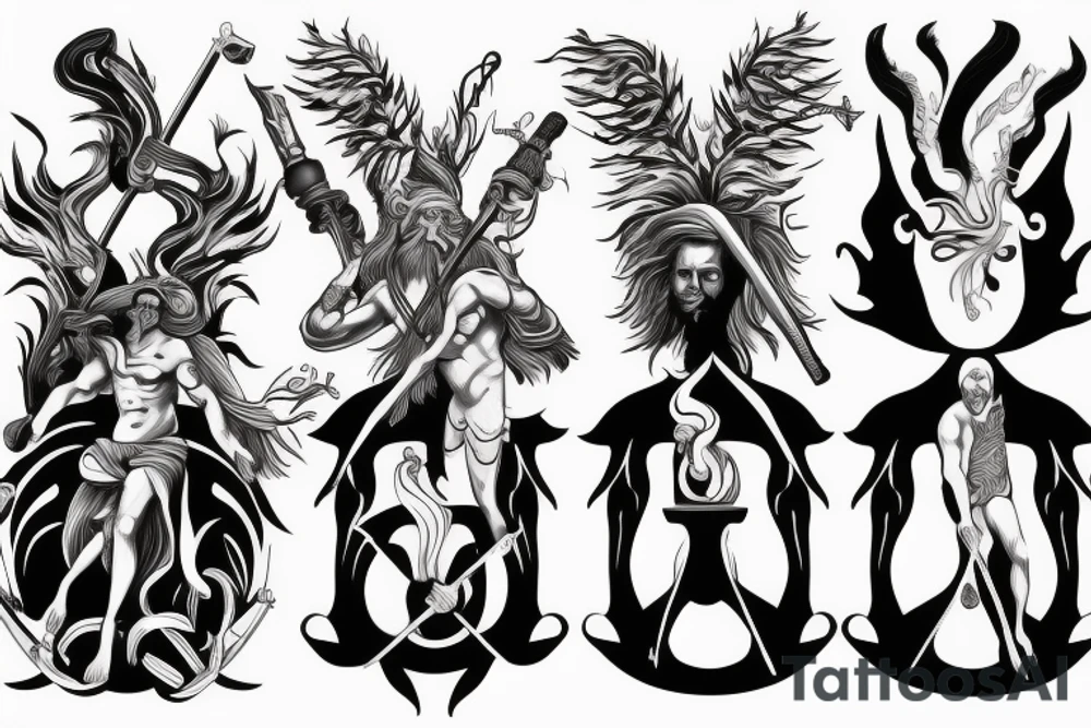 Zeus, Poseidon and Hades all in their elements holding weapons. tattoo idea