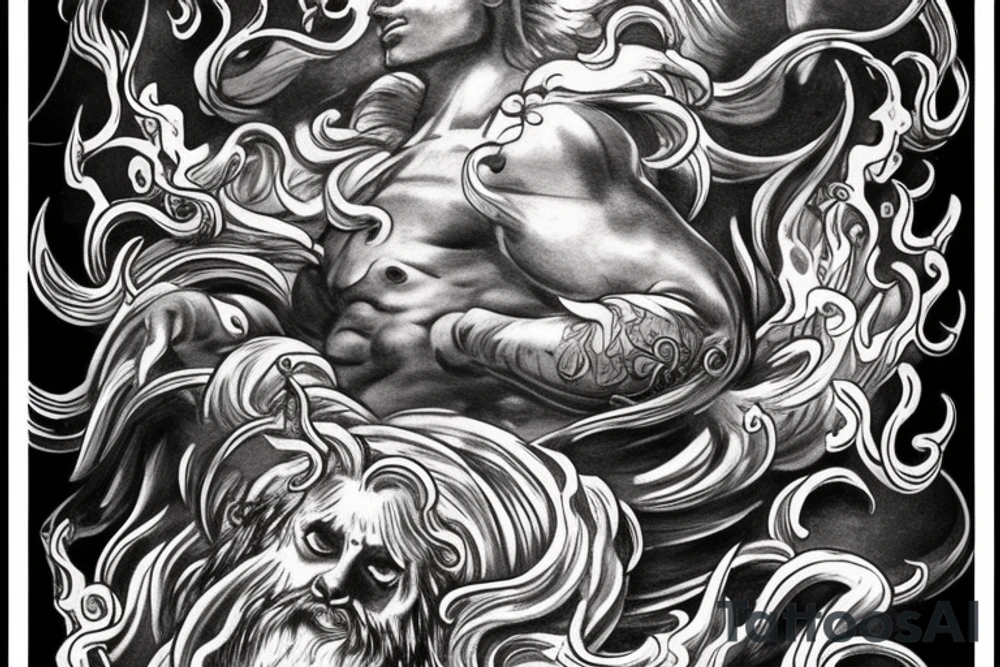 Full arm sleeve with Zeus on top sitting in the clouds. Poseidon is in the middle of the arm surfing on a wave. Hades is sitting on his thrown with his helm of the dead. tattoo idea Full arm sleeve with Zeus on top sitting in the clouds. Poseidon is in the middle of the arm surfing on a wave. Hades is sitting on his thrown with his helm of the dead. tattoo idea