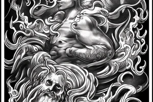 Full arm sleeve with Zeus on top sitting in the clouds. Poseidon is in the middle of the arm surfing on a wave. Hades is sitting on his thrown with his helm of the dead. tattoo idea