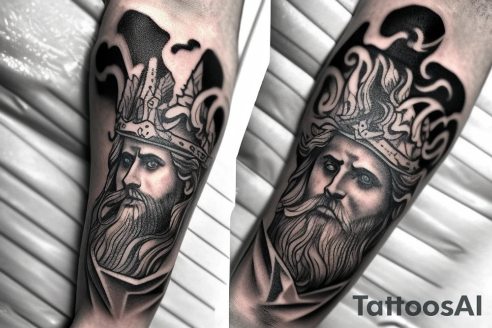 Full arm sleeve with Zeus on top sitting in the clouds. Poseidon is in the middle of the arm surfing on a wave. Hades is sitting on his thrown with his helm of the dead. tattoo idea