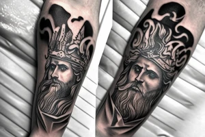 Full arm sleeve with Zeus on top sitting in the clouds. Poseidon is in the middle of the arm surfing on a wave. Hades is sitting on his thrown with his helm of the dead. tattoo idea