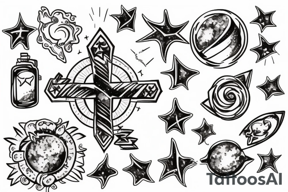 galaxy upside down cross tattoo idea