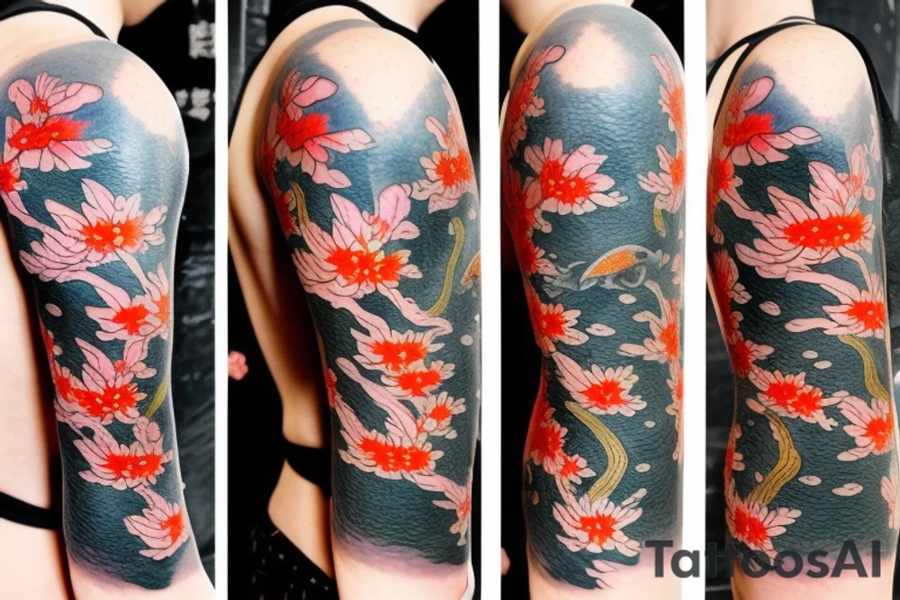 Koi fish swimming up a waterfall to turn into a dragon with cherry blossoms and finger waves tattoo idea