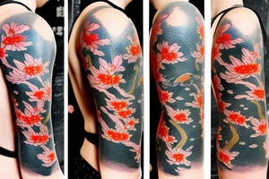 Koi fish swimming up a waterfall to turn into a dragon with cherry blossoms and finger waves tattoo idea