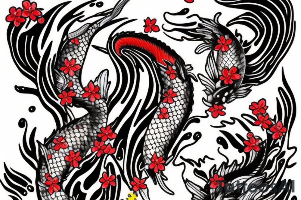 Koi fish swimming up a waterfall to turn into a dragon with cherry blossoms and finger waves tattoo idea
