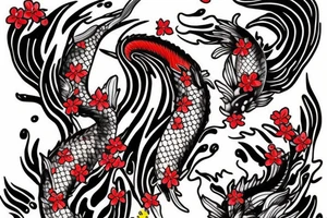 Koi fish swimming up a waterfall to turn into a dragon with cherry blossoms and finger waves tattoo idea