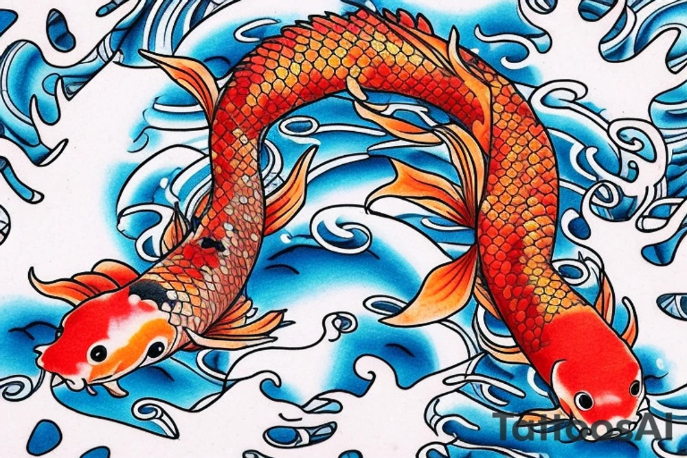 Koi fish swimming up a waterfall to turn into a dragon with cherry blossoms and finger waves tattoo idea