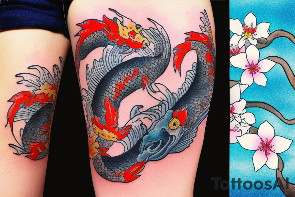 Koi fish swimming up a waterfall to turn into a dragon with cherry blossoms and finger waves tattoo idea