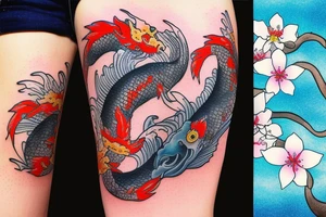 Koi fish swimming up a waterfall to turn into a dragon with cherry blossoms and finger waves tattoo idea