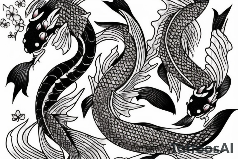 Koi fish swimming up a waterfall and there is a dragon with cherry blossoms and finger waves tattoo idea