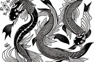 Koi fish swimming up a waterfall and there is a dragon with cherry blossoms and finger waves tattoo idea