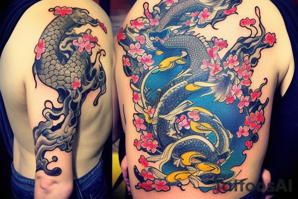 Koi fish swimming up a waterfall and there is a dragon with cherry blossoms and finger waves tattoo idea