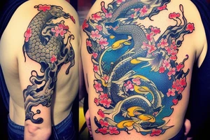 Koi fish swimming up a waterfall and there is a dragon with cherry blossoms and finger waves tattoo idea