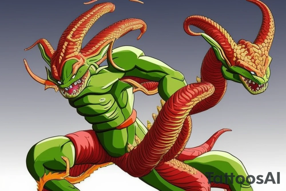 A combination of Shenron from Dragon Ball Z and Smaug from the Hobbit. The dragon's body would be long and winding, with Shenron's horns sitting atop its head. The dragon's claws would be clutching the Dragon Balls, with the orbs nestled securely in its grasp. We could also add some small details like scales, whiskers, and glowing eyes to make the dragon look more realistic.

We can place the Susano'o in the dragon's left eye and the Amaterasu in the right eye to balance the design. The sharingan eyes can be integrated with Shenron's existing glowing red eyes, with the mangekyo patterns radiating out from the pupils.

The dragon's body would still be long and serpentine, with Shenron's horns sitting atop its head. The dragon's claws would be clutching the Dragon Balls, with the orbs nestled securely in its grasp. We've added in scales and whiskers to make the dragon look more realistic, and the mangekyo sharingan eyes have been incorporated into Shenron's existing red eyes. tattoo idea
