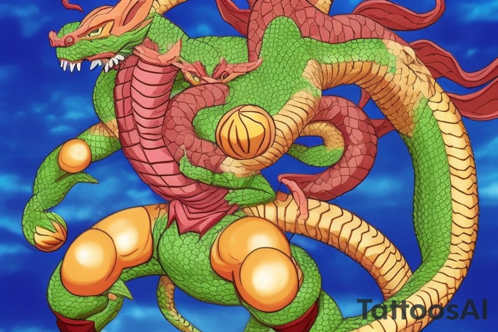 A combination of Shenron from Dragon Ball Z and Smaug from the Hobbit. The dragon's body would be long and winding, with Shenron's horns sitting atop its head. The dragon's claws would be clutching the Dragon Balls, with the orbs nestled securely in its grasp. We could also add some small details like scales, whiskers, and glowing eyes to make the dragon look more realistic.

We can place the Susano'o in the dragon's left eye and the Amaterasu in the right eye to balance the design. The sharingan eyes can be integrated with Shenron's existing glowing red eyes, with the mangekyo patterns radiating out from the pupils.

The dragon's body would still be long and serpentine, with Shenron's horns sitting atop its head. The dragon's claws would be clutching the Dragon Balls, with the orbs nestled securely in its grasp. We've added in scales and whiskers to make the dragon look more realistic, and the mangekyo sharingan eyes have been incorporated into Shenron's existing red eyes. tattoo idea