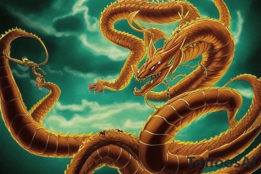 A combination of Shenron from Dragon Ball Z and Smaug from the Hobbit. The dragon's body would be long and winding, with Shenron's horns sitting atop its head. The dragon's claws would be clutching the Dragon Balls, with the orbs nestled securely in its grasp. We could also add some small details like scales, whiskers, and glowing eyes to make the dragon look more realistic.

We can place the Susano'o in the dragon's left eye and the Amaterasu in the right eye to balance the design. The sharingan eyes can be integrated with Shenron's existing glowing red eyes, with the mangekyo patterns radiating out from the pupils.

The dragon's body would still be long and serpentine, with Shenron's horns sitting atop its head. The dragon's claws would be clutching the Dragon Balls, with the orbs nestled securely in its grasp. We've added in scales and whiskers to make the dragon look more realistic, and the mangekyo sharingan eyes have been incorporated into Shenron's existing red eyes. tattoo idea
