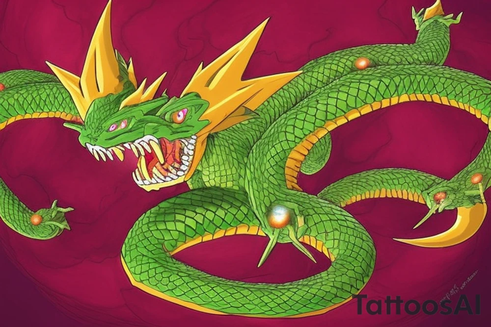 A combination of Shenron from Dragon Ball Z and Smaug from the Hobbit. The dragon's body would be long and winding, with Shenron's horns sitting atop its head. The dragon's claws would be clutching the Dragon Balls, with the orbs nestled securely in its grasp. We could also add some small details like scales, whiskers, and glowing eyes to make the dragon look more realistic.

We can place the Susano'o in the dragon's left eye and the Amaterasu in the right eye to balance the design. The sharingan eyes can be integrated with Shenron's existing glowing red eyes, with the mangekyo patterns radiating out from the pupils.

The dragon's body would still be long and serpentine, with Shenron's horns sitting atop its head. The dragon's claws would be clutching the Dragon Balls, with the orbs nestled securely in its grasp. We've added in scales and whiskers to make the dragon look more realistic, and the mangekyo sharingan eyes have been incorporated into Shenron's existing red eyes. tattoo idea