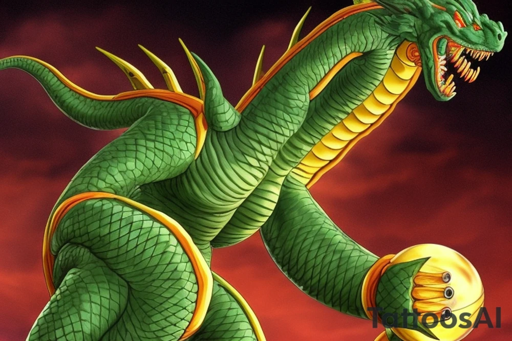 A combination of Shenron from Dragon Ball Z and Smaug from the Hobbit. The dragon's body would be long and winding, with Shenron's horns sitting atop its head. The dragon's claws would be clutching the Dragon Balls, with the orbs nestled securely in its grasp. It would have detailed scales, whiskers, and glowing eyes to make the dragon look more realistic.

I also want it to have sharingan eyes. We can place the Susano'o in the dragon's left eye and the Amaterasu in the right eye to balance the design. The sharingan eyes can be integrated with Shenron's existing glowing red eyes, with the mangekyo patterns radiating out from the pupils.

The dragon's body would still be long and serpentine, with Shenron's horns sitting atop its head. The dragon's claws would be clutching the Dragon Balls, with the orbs nestled securely in its grasp. We've added in scales and whiskers to make the dragon look more realistic, and the mangekyo sharingan eyes have been incorporated into Shenron's existing red eyes. tattoo idea