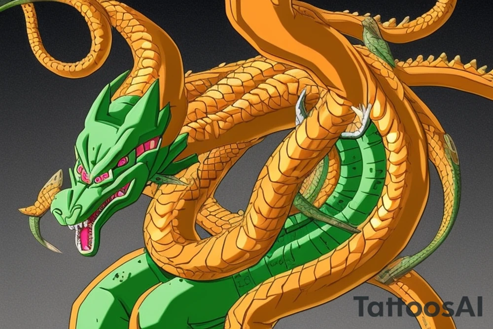 A combination of Shenron from Dragon Ball Z and Smaug from the Hobbit. The dragon's body would be long and winding, with Shenron's horns sitting atop its head. The dragon's claws would be clutching the Dragon Balls, with the orbs nestled securely in its grasp. It would have detailed scales, whiskers, and glowing eyes to make the dragon look more realistic.

I also want it to have sharingan eyes. We can place the Susano'o in the dragon's left eye and the Amaterasu in the right eye to balance the design. The sharingan eyes can be integrated with Shenron's existing glowing red eyes, with the mangekyo patterns radiating out from the pupils.

The dragon's body would still be long and serpentine, with Shenron's horns sitting atop its head. The dragon's claws would be clutching the Dragon Balls, with the orbs nestled securely in its grasp. We've added in scales and whiskers to make the dragon look more realistic, and the mangekyo sharingan eyes have been incorporated into Shenron's existing red eyes. tattoo idea