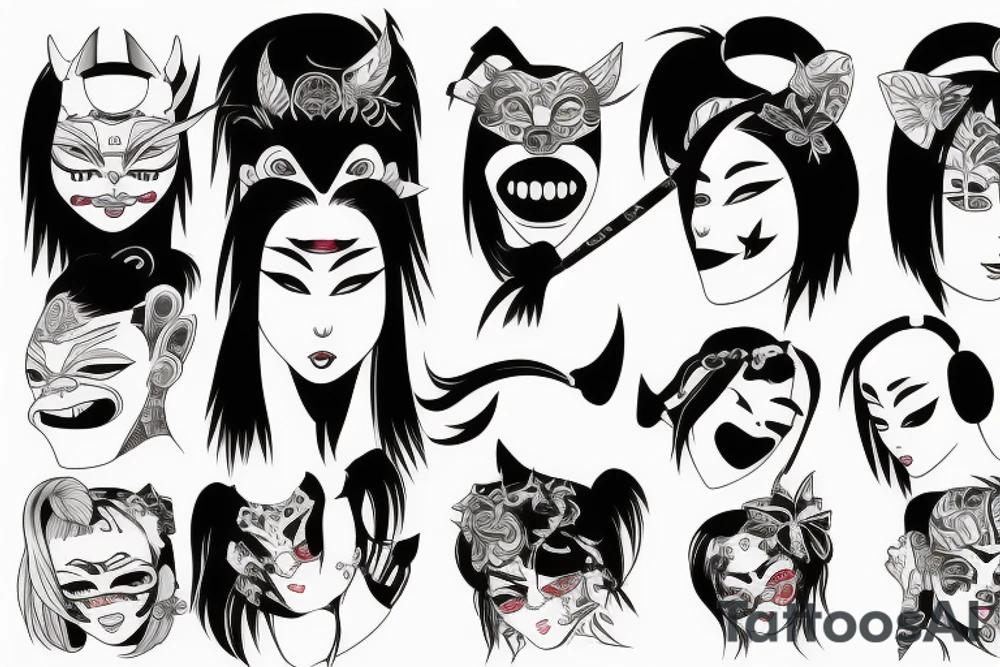 modern young Japanese female with an oni mask on half of her face tattoo idea