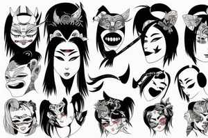 modern young Japanese female with an oni mask on half of her face tattoo idea