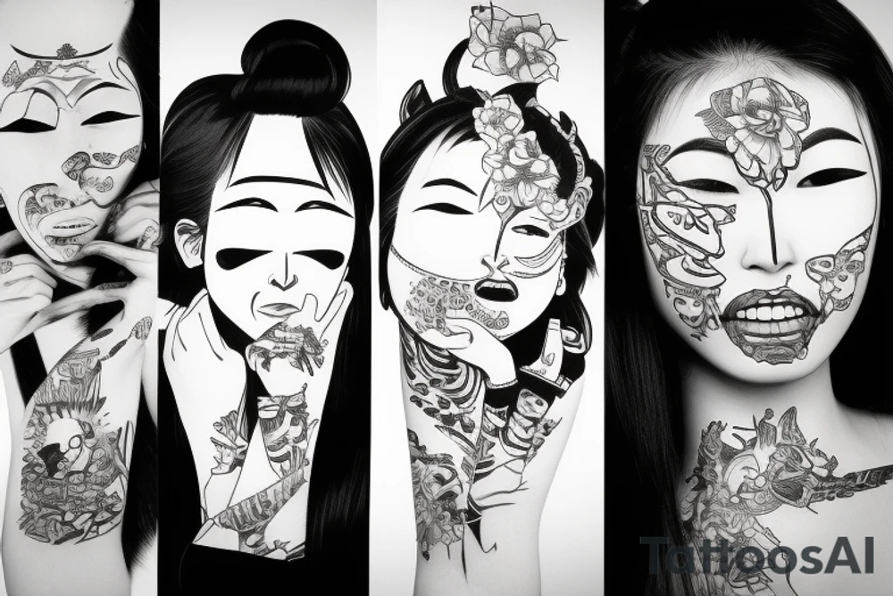 modern young Japanese female with an oni mask on half of her face tattoo idea