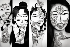 modern young Japanese female with an oni mask on half of her face tattoo idea