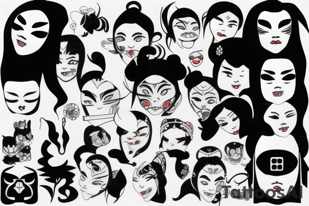 modern young Japanese female with an oni mask on half of her face tattoo idea