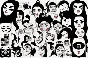 modern young Japanese female with an oni mask on half of her face tattoo idea