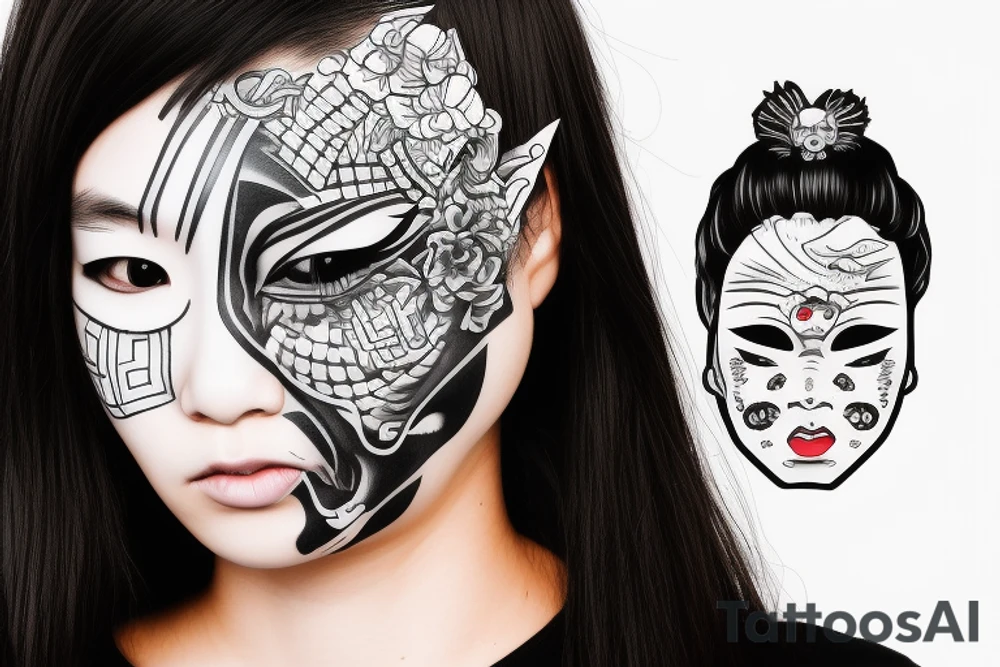 modern young Japanese female with an oni mask on half of her face tattoo idea