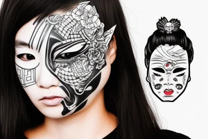 modern young Japanese female with an oni mask on half of her face tattoo idea