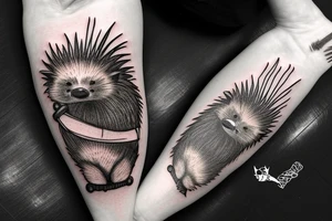 porcupine with black shades on holding a saw in its hand with a row boat it is cutting in half tattoo idea