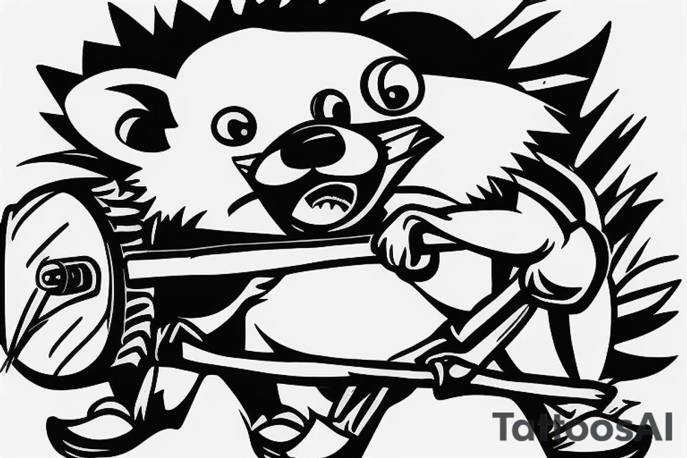 porcupine with black shades on holding a saw in its hand with a row boat it is cutting in half tattoo idea