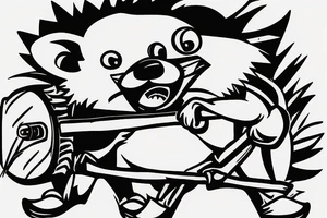 porcupine with black shades on holding a saw in its hand with a row boat it is cutting in half tattoo idea