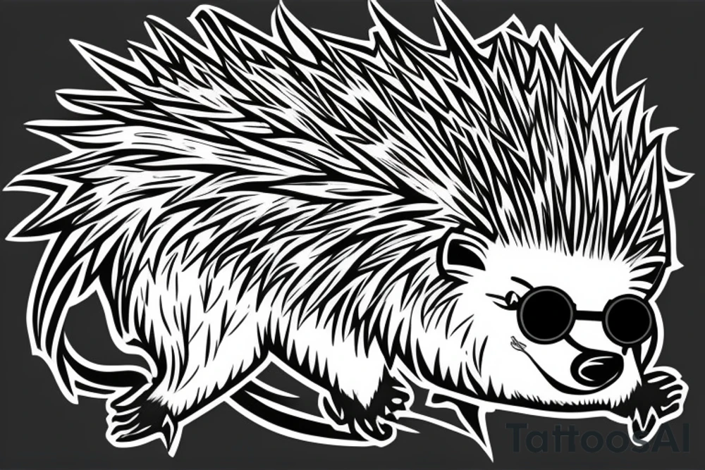 porcupine with black shades on holding a hand saw tattoo idea