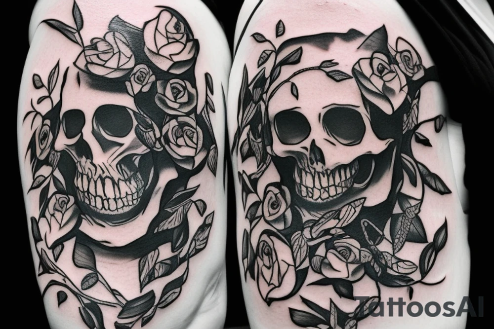 Skeleton with vines and roses growing out of it tattoo idea