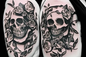 Skeleton with vines and roses growing out of it tattoo idea