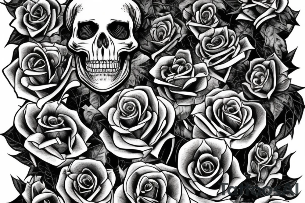 Skeleton with vines and roses growing out of it tattoo idea