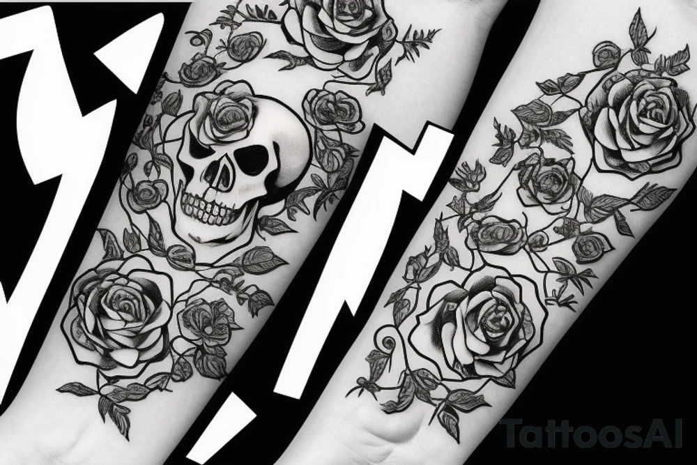 Skeleton with vines and roses growing out of it tattoo idea