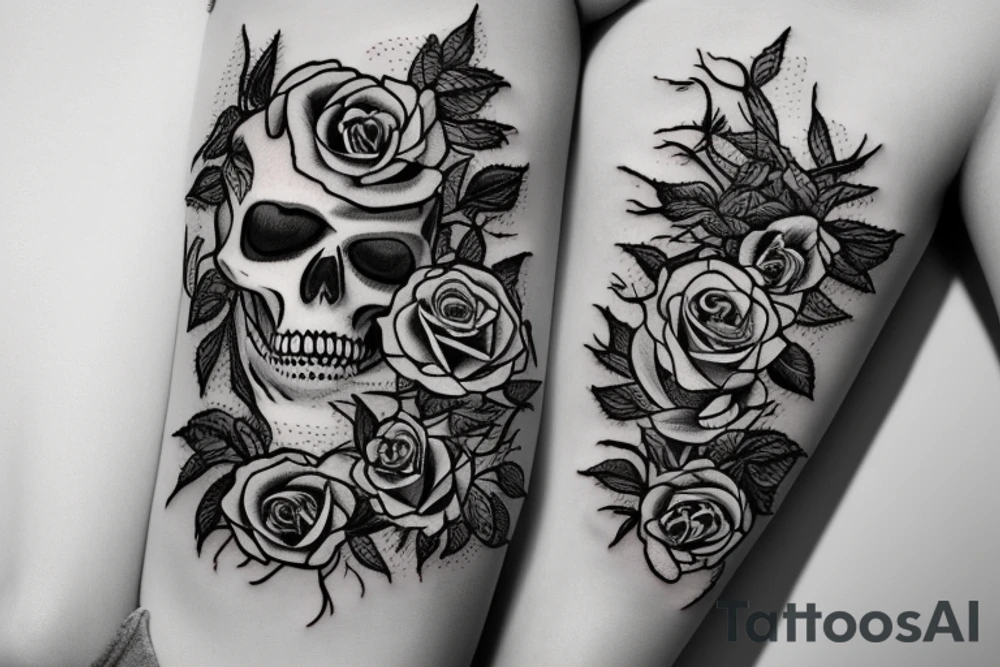 Skeleton with vines and roses growing out of it tattoo idea