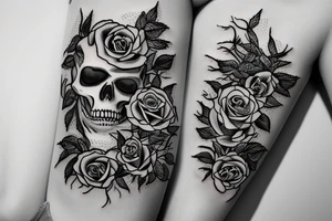 Skeleton with vines and roses growing out of it tattoo idea