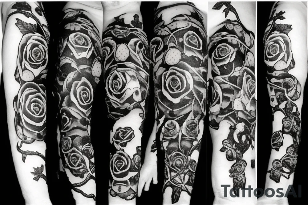 Skeleton with vines and roses growing out of it tattoo idea