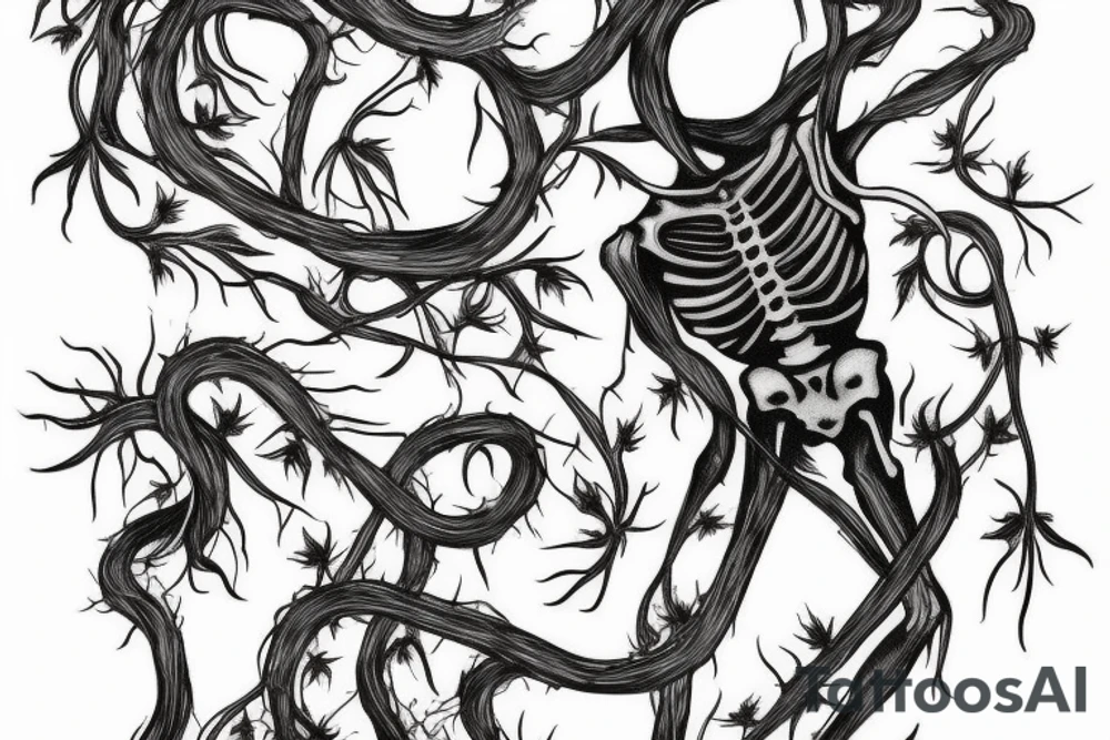 Skeleton with vines growing out of it tattoo idea