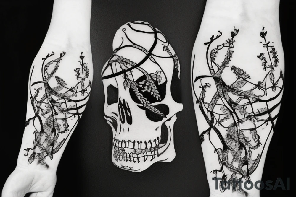 Skeleton with vines growing out of it tattoo idea
