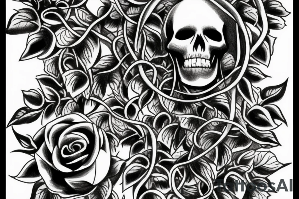 Skeleton surrounded by vines tattoo idea