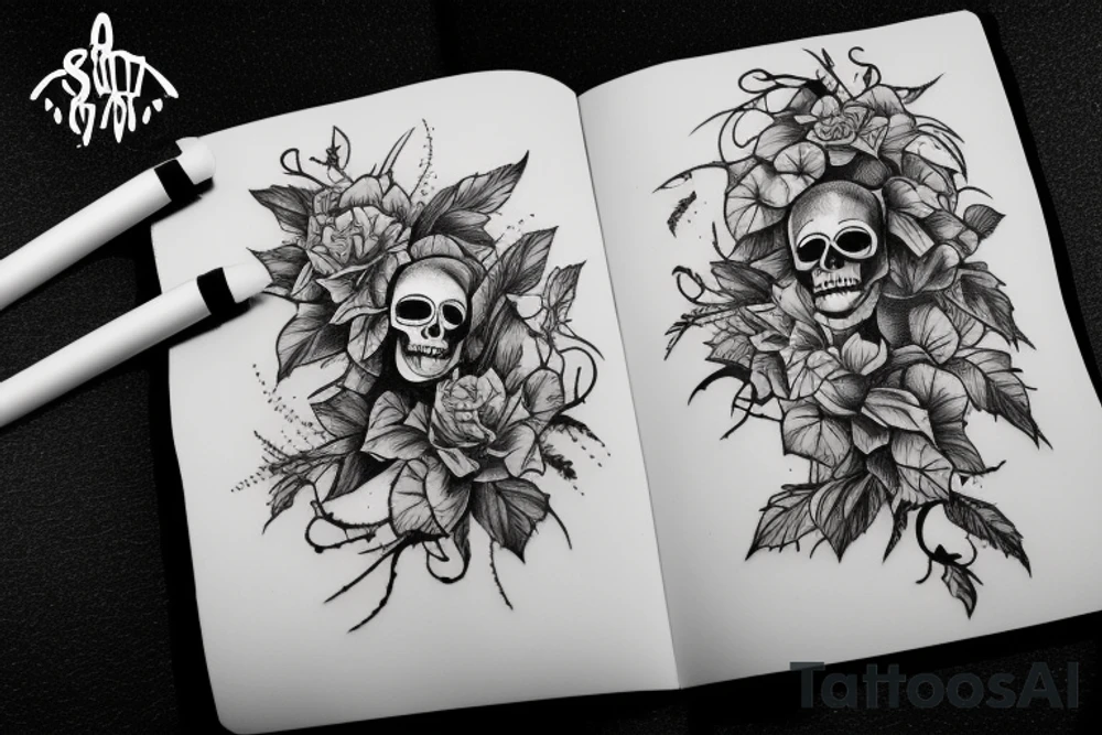 Skeleton surrounded by vines tattoo idea